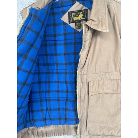 VTG Branded Lion Men's Brown Vest Pockets Insulated Blue Plaid Liners Size L - Picture 12 of 15